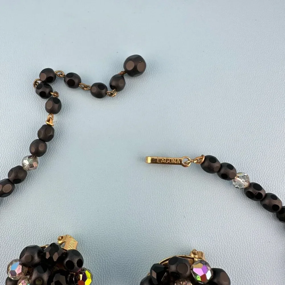 Vintage Laguna Necklace Earrings Set Matte Black AB Faceted Glass Bead Cluster